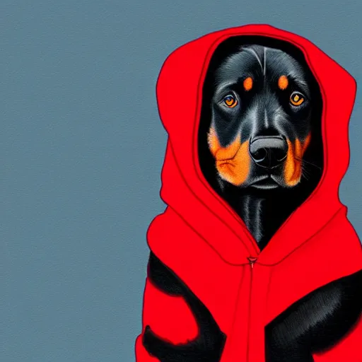 Image similar to Rottweiler wearing a red hoodie, digital art