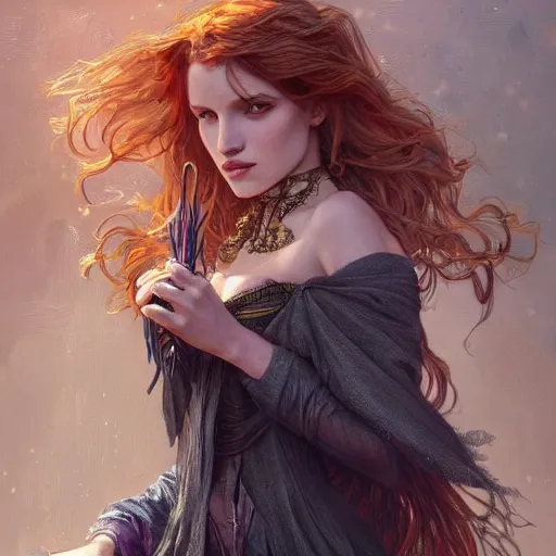 Image similar to ultra realistic illustration, bella thorne as witch, intricate, elegant, highly detailed, digital painting, artstation, concept art, smooth, sharp focus, illustration, art by artgerm and greg rutkowski and alphonse mucha