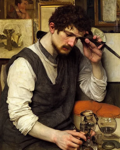 Image similar to an exhausted painter in his studio with a whiskey bottle by edgar maxence and caravaggio, intricate painting, hyper realistic, extremely detailed and beautiful aesthetic face, 8 k resolution