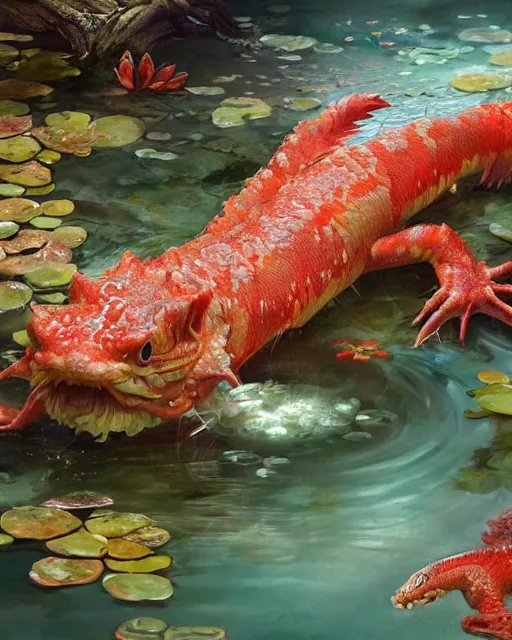 Image similar to game character beautiful pond dragon half fish half salamander, wet amphibious skin, red salamander, axolotl creature, koi pond, korean village by Ruan Jia and Gil Elvgren, fullbody