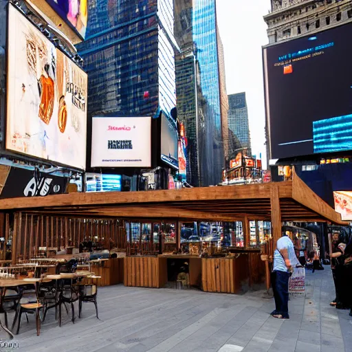 Prompt: coffee exposition in times square, wood + steel + glass, temporary structure, highly detailed, intricate, photograph, sunny day, street level, F5.6