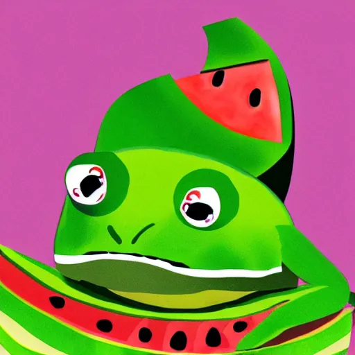 Prompt: dramatic portrait of a frog wearing a watermelon as a hat