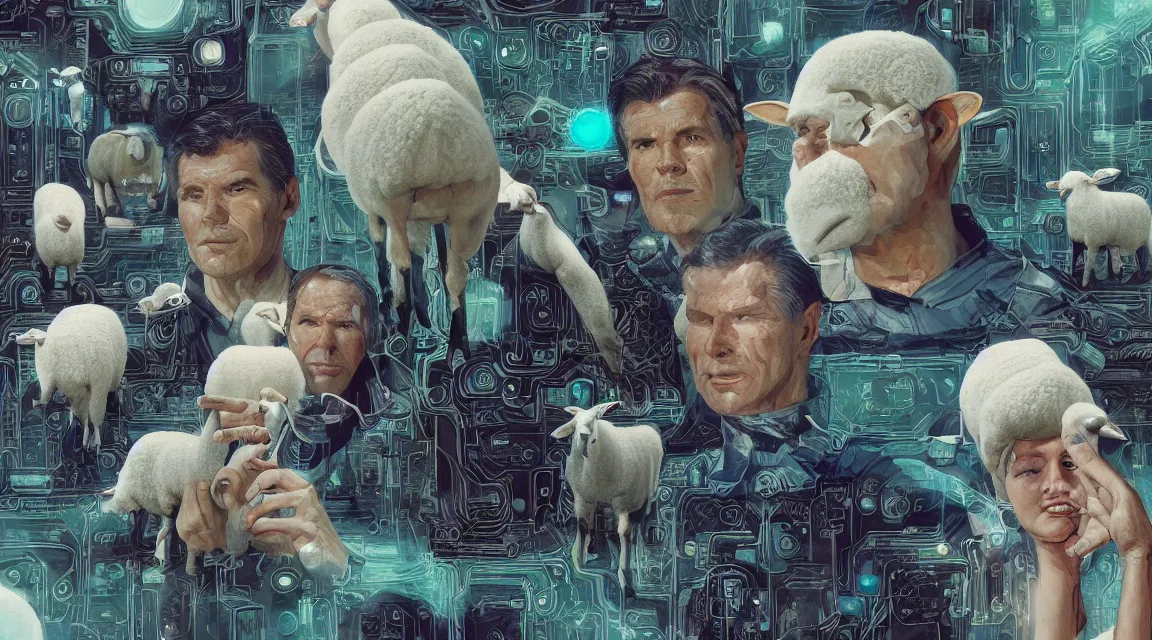 Prompt: do the androids dreams with electric sheeps, Wilbur Mercer, Rick Deckard, friend buster, Philip K. D. ,digital art, illustration style