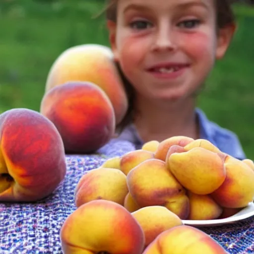 Image similar to girl in the background, table and plate of peaches in the foreground,