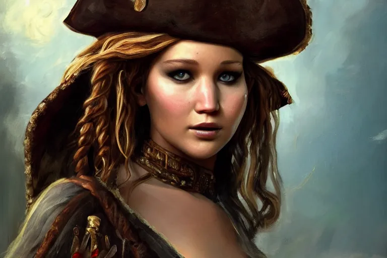 Prompt: a beautiful romanticism painting of ( ( ( jennifer lawrence ) ) ) as a swash buckling pirate, symmetrical face, beautiful eyes, cottagecore, artstation, 8 k, highly detailed, warm natural lighting, sunlight