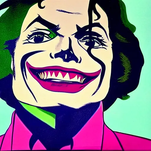 Image similar to michael jackson as the joker laugh on camera. symmetrical anatomy, hyperdetailed, coloured comic, baroque, pop art style, fantasy, without duplication, art by roy lichtenstein and andy warhol and vinicius gud and gustavo zambelli, intricate, trending artstation, dribble popular.