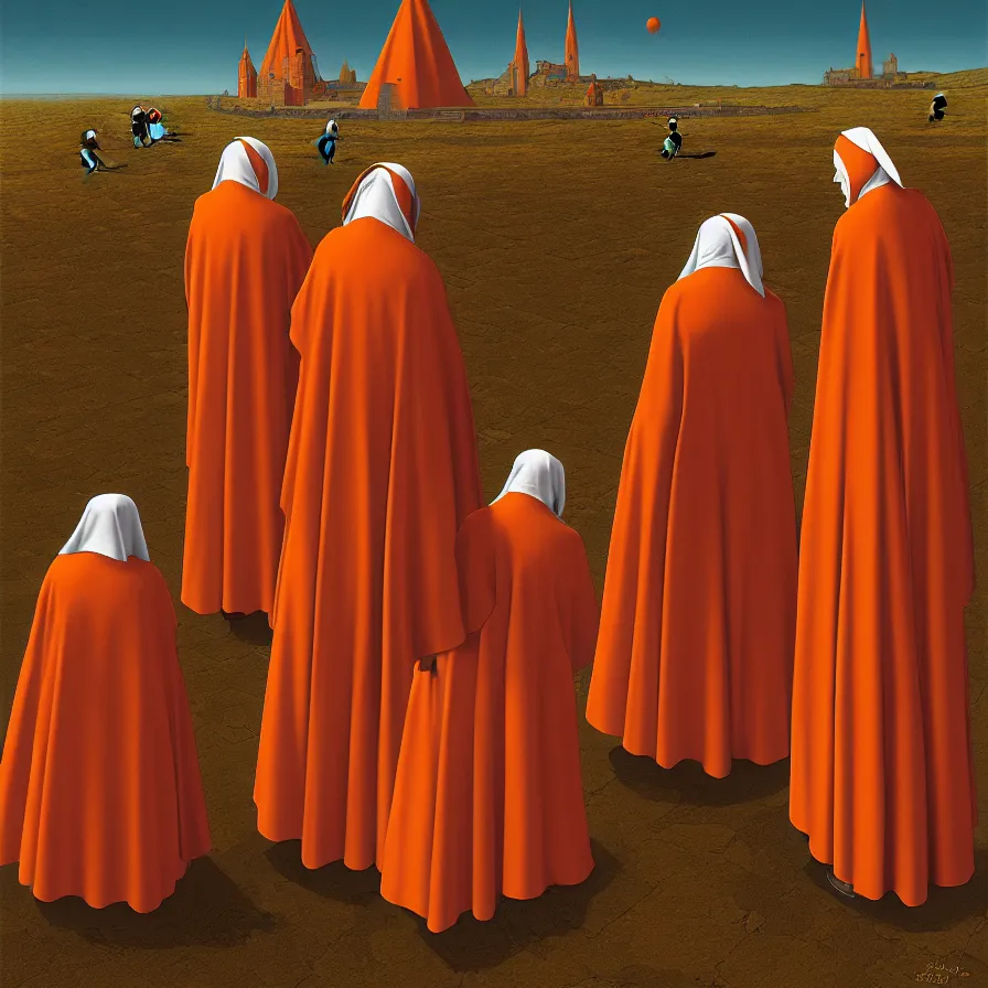 Prompt: 3 medieval nuns are worshipping a giant orange ; detailed illustration ; digital art ; peter elson