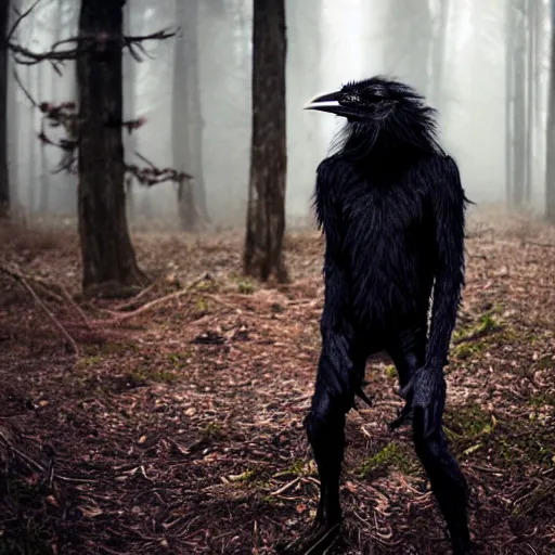 Image similar to werecreature consisting of male human and crow, photograph captured in a forest