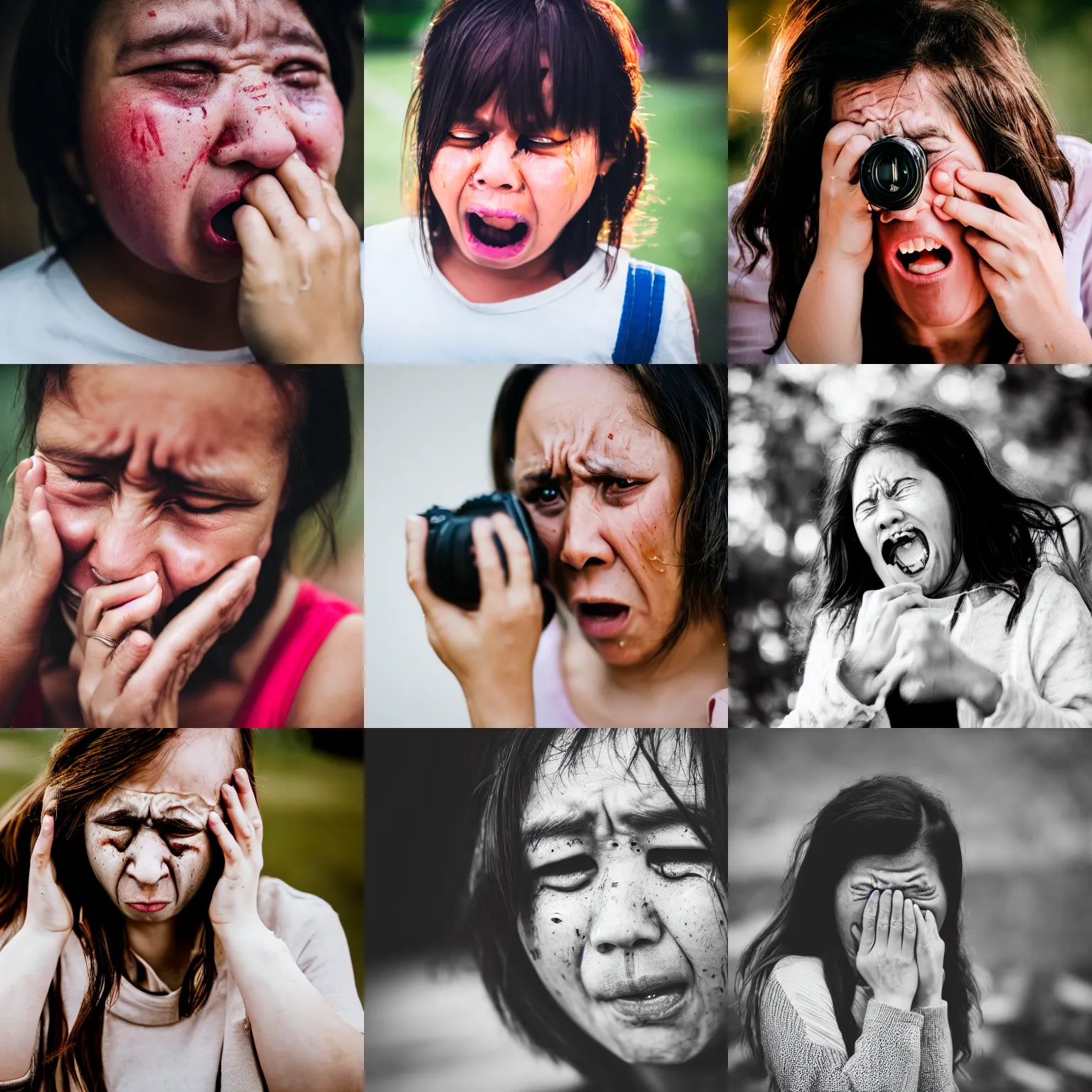 Prompt: dslr photo portrait still of an insane crying person, 8 5 mm, f 1. 8