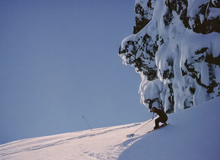 Image similar to a 2 8 mm macro kodachrome photo of one man skiing in the swiss alps in the 1 9 5 0's, bokeh, canon 5 0 mm, cinematic lighting, film, photography, golden hour, depth of field, award - winning