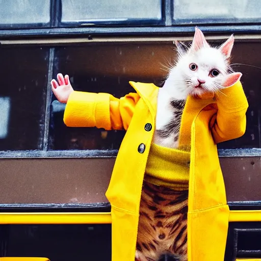 Image similar to anthropomorphic cute kitten wearing a yellow raincoat and yellow boots getting on the school bus on the first day of kindergarten, with colorful fall leaves and light rain, by Wes Anderson