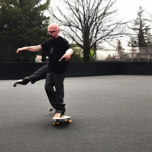 Image similar to Walter White doing skate tricks at the park