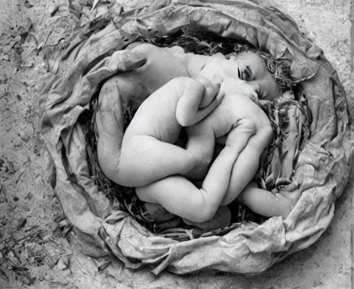 Prompt: the cyclical theory of becoming, dissolution and interdependence between the world of nature and human events by Anne Geddes, Henri Cartier-Bresson