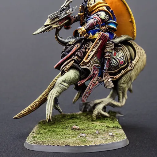 Prompt: 8 0 mm resin detailed miniature of a warhammer 4 0 k the pope riding a dinosaur, product introduction photos, 4 k, full body, hyper detailed,