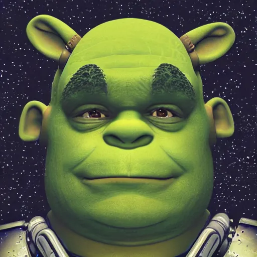 Prompt: Official galactic portrait of Emperor Shrek, robot Overlord in the year 3499, Kodak Portra, 85mm, F 2.8