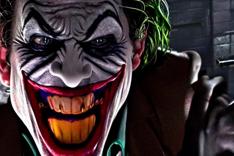 Image similar to Joker imitates Spider-Man and laughs, scary scene, top horrible creatures, horrible, horror films, film on real events, horrors filmed on camera, fangs and drool, jaw and tongue, man is terrified, fear, darkness, basement, 8k, hyper-realistic, ray tracing, night, flashlight