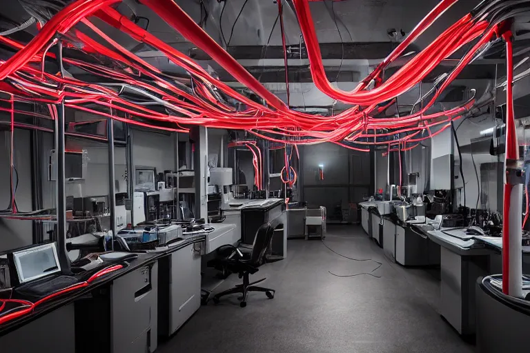 Prompt: dark sci - fi lab full of glowing tubes containing humans in red liquid, cables and wires, led lights, dark, moody ominous