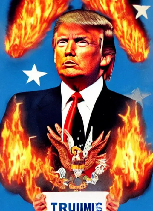 Image similar to an 8 0's john alvin action movie poster of donald trump starring in trumpster fire. explosions.