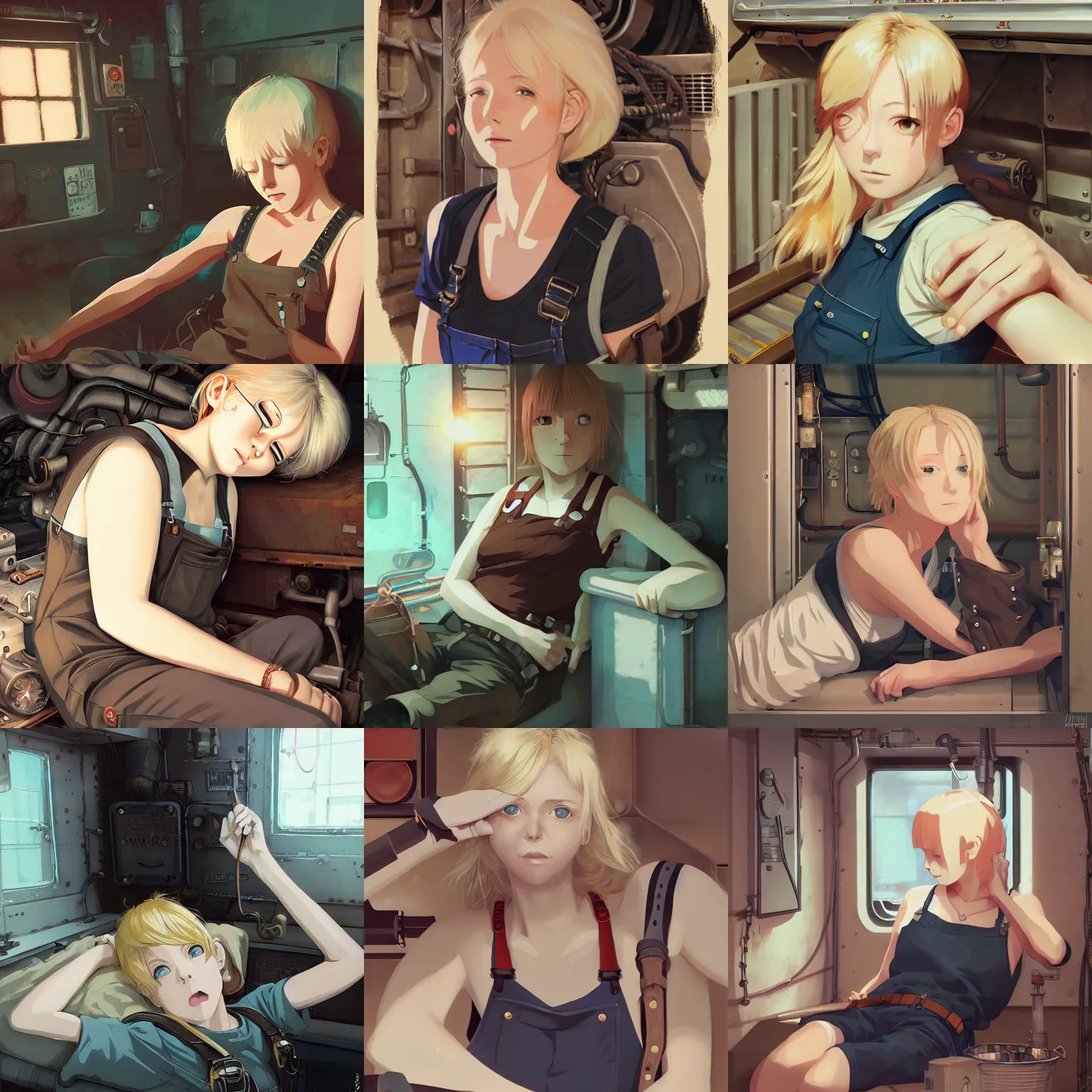 Prompt: portrait of a mechanic lying within a cramped and dimly lit bunk, blonde, tank top, overalls, steampunk, finely illustrated face, highly detailed, digital painting, studio ghibli key visual, in the style of ilya kuvshinov and krenz cushart