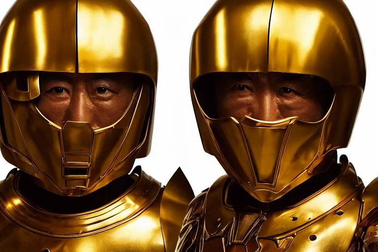 Image similar to a cinematic studio headshot portrait of a middle aged asian man wearing gold plated armour, no helmet, orange color theme, dramatic lighting, back light, hair light, rim light, 4 k, ultra realistic, by annie leibovitz