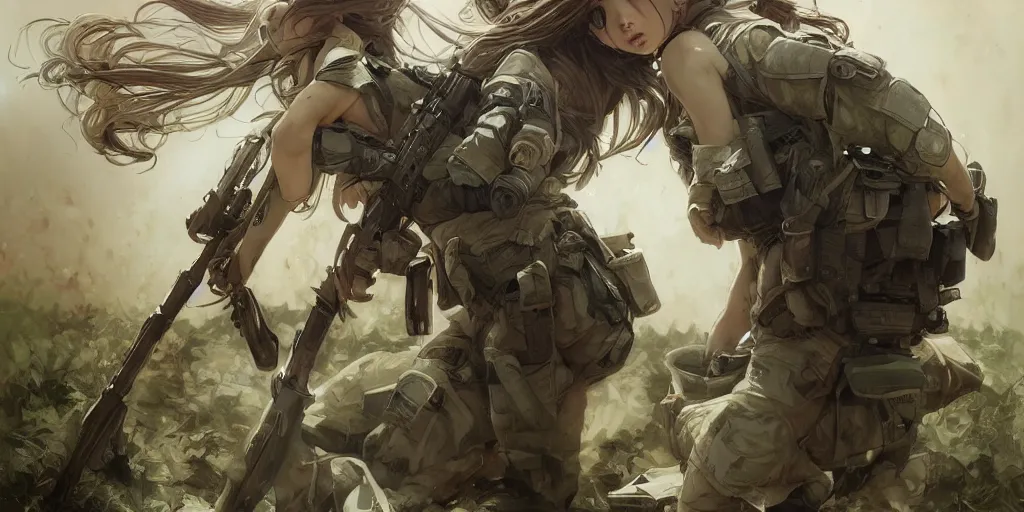 Image similar to soldier girl, ground explosion, anime style, long hair, hair down, symmetrical facial features, under heavy fire, hyper realistic, pale skin, 4 k, rule of thirds, extreme detail, detailed drawing, trending artstation, hd, fantasy, d & d, realistic lighting, by alphonse mucha, greg rutkowski, sharp focus, backlit, soldier clothing