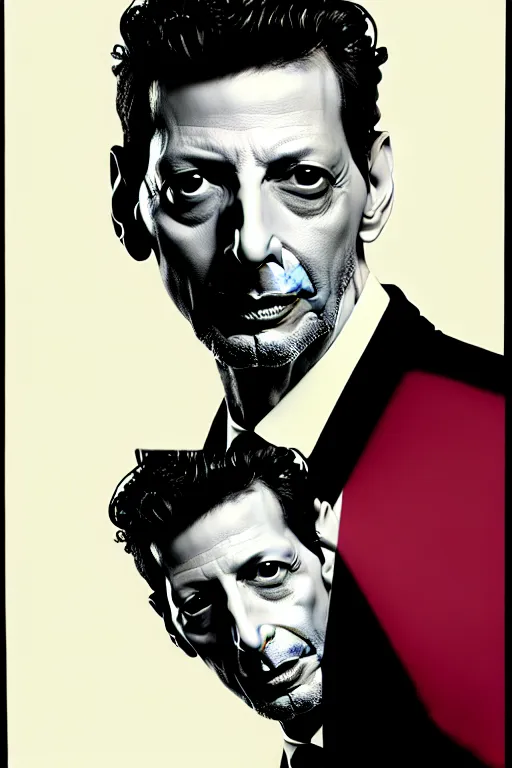 Prompt: double exposure composite portrait of jeff goldblum, floating head portrait, one profile and one facing, jc penney studio 1 9 8 5, color