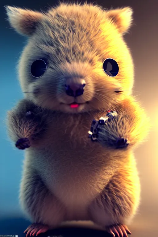 Prompt: high quality 3 d render sci - fi very cute fluffy! wombat!! cyborg with futuristic mechanical parts, cyberpunk monocle!, highly detailed, unreal engine cinematic smooth, in the style of detective pikachu, hannah yata charlie immer, dark blue neon light, low angle, uhd 8 k, sharp focus