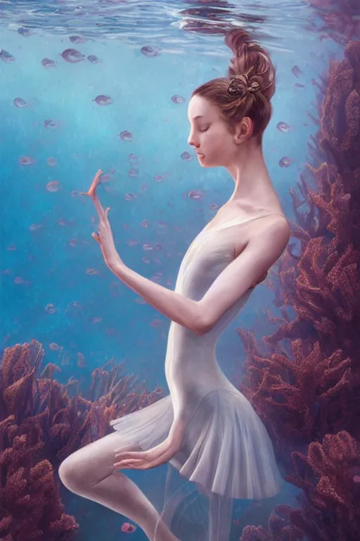 Image similar to stunningly beautiful, ballerina at the bottom of the great barrier reef by jaques cousteau, smooth, focus, highly detailed, hyper realistic, intricate, concept art, art by wlop