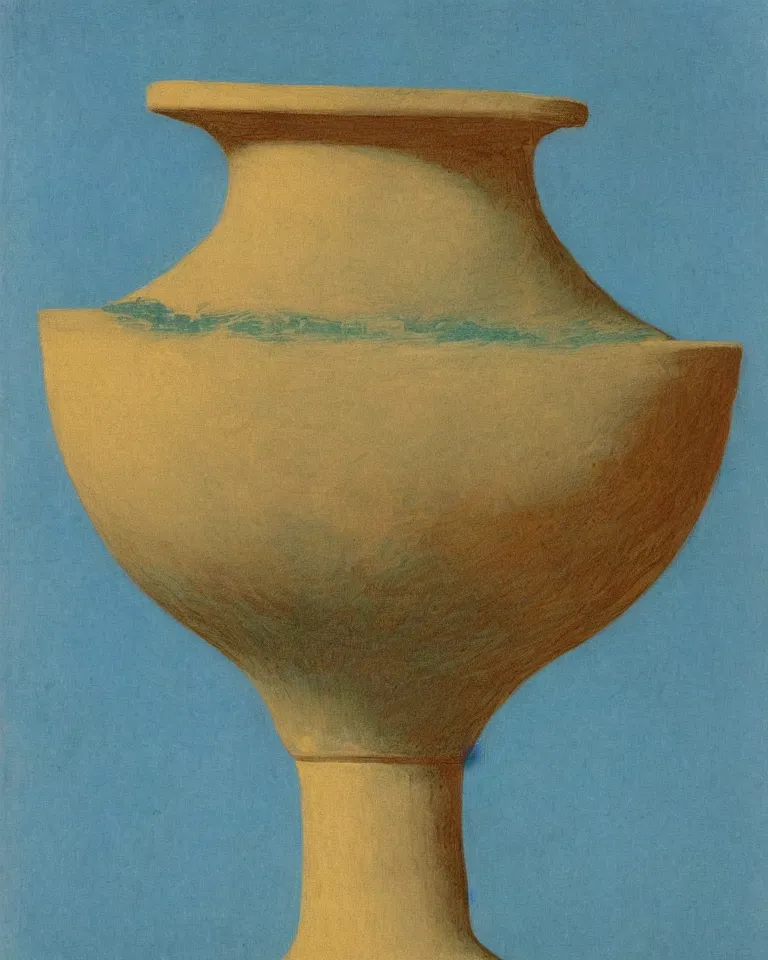 Image similar to achingly beautiful print of painted ancient greek vase on baby blue background by rene magritte, monet, and turner.