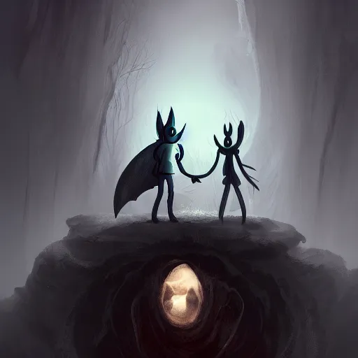 Prompt: love at the bottom of the abyss, athmospheric 4k, foggy atmosphere, scary picture, hollow knight, dark shadows, artstation, deviantart, beautiful digital painting