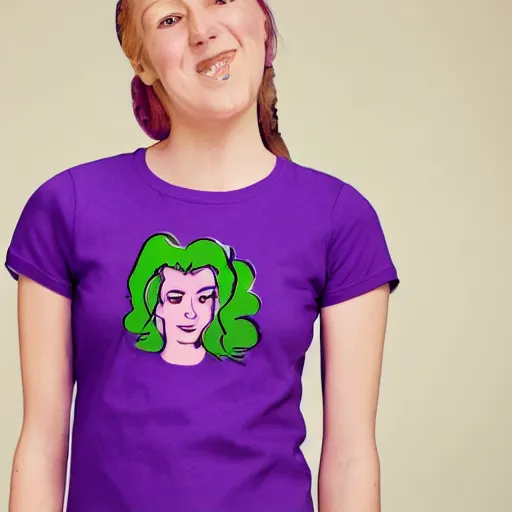 Image similar to a purple t-shirt with a cartoon woman's face