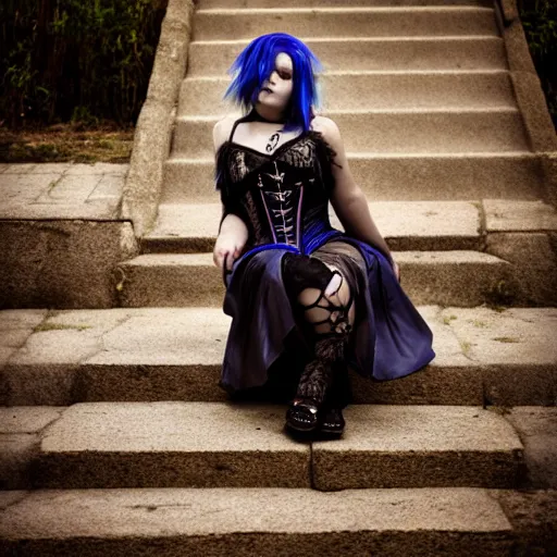 Prompt: Artistic photo of a goth girl in a corset sitting on stone stairs. She has blue hair.