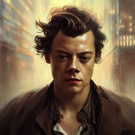 Image similar to harry styles, hyperrealistic portrait, bladerunner street, art of elysium by jeremy mann and alphonse mucha, fantasy art, photo realistic, dynamic lighting, artstation, poster, volumetric lighting, very detailed face, 4 k, award winning