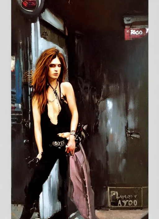 Image similar to androgynous glam rocker outside cbgb in the style of phil hale, sfumato Orientalist portrait by john william waterhouse and James Gurney and Theodore Ralli and Nasreddine Dinet, Syd Mead, Phil Hale, oil on canvas. Cinematic, hyper realism, realistic proportions, dramatic lighting, high detail 4k