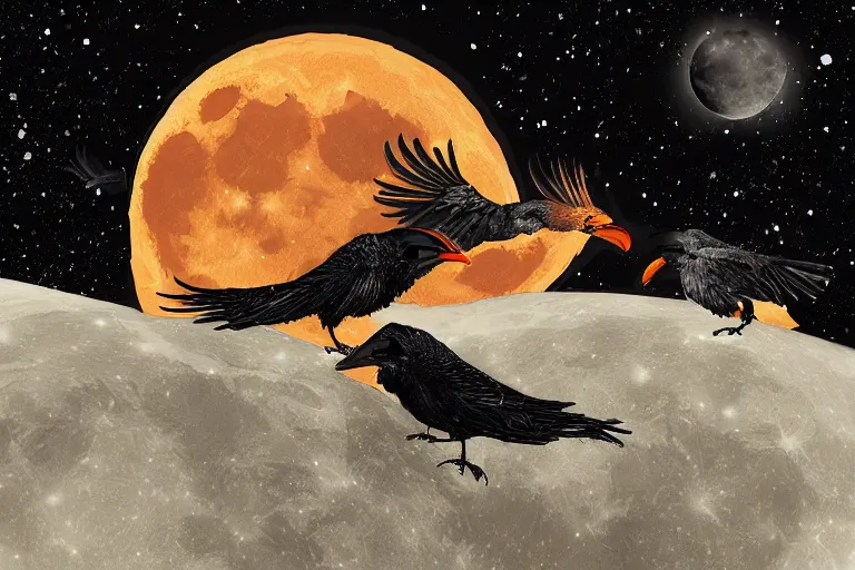 Prompt: fire ravens eating the moon, digital art