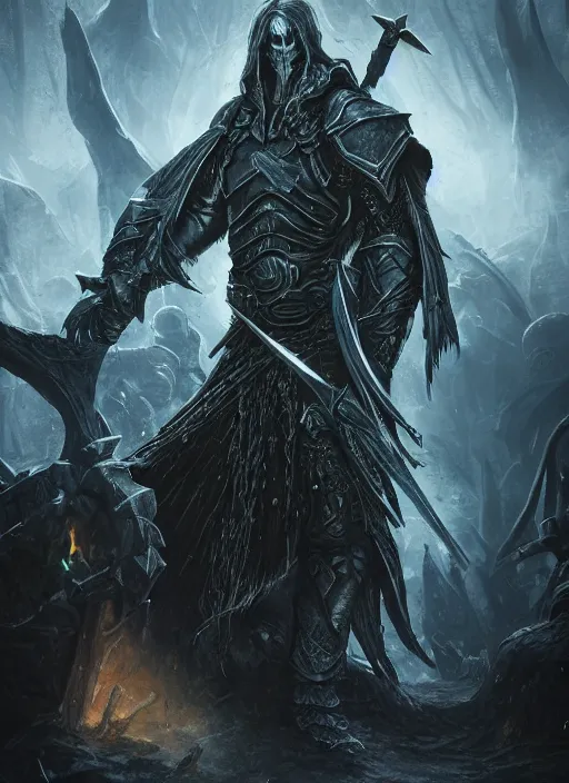 Image similar to death knight, ultra detailed fantasy, elden ring, realistic, dnd character portrait, full body, dnd, rpg, lotr game design fanart by concept art, behance hd, artstation, deviantart, global illumination radiating a glowing aura global illumination ray tracing hdr render in unreal engine 5