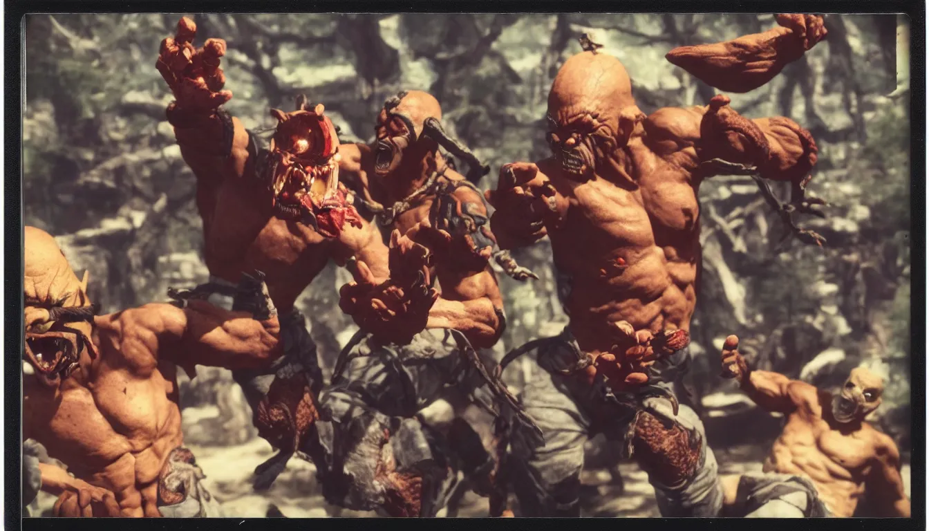 Image similar to polaroid picture of old man yelling at mortal kombat goro very detailed, 8 k