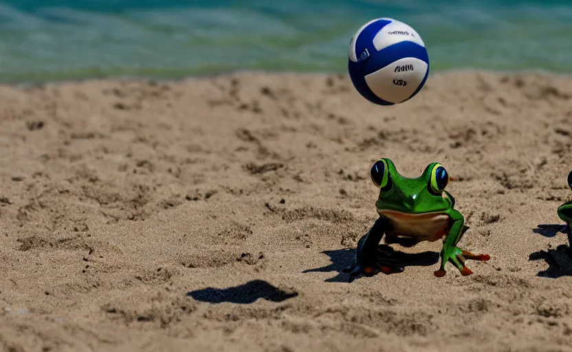 Prompt: frogs playing beach volleyball tornado, highly detailed, extremely high quality, hd, 4 k, 8 k, professional photographer, 4 0 mp, lifelike, top - rated, award winning, cinematic, realistic, detailed lighting, detailed shadows, sharp, no blur, edited, corrected, trending