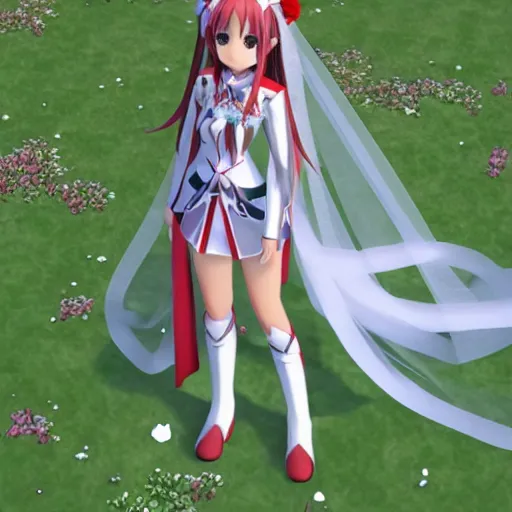 Image similar to yuuki asuna in her wedding dress on a vast field, extremely long hair, unreal engine