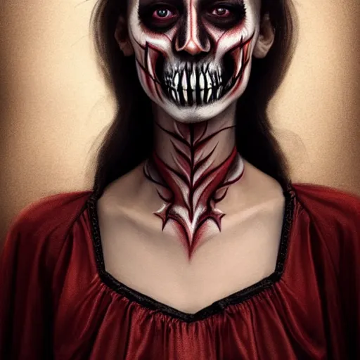 Image similar to gorgeous female Stella Maeve vampire sharp teeth open mouth skull face paint in a Mexican dress, realistic character concept, medium shot, elegant pose, horror, illustration, slender symmetrical face and body, symmetrical eyes, artstation, cinematic lighting, hyperdetailed, cgsociety, 8k, high resolution, Tom Bagshaw, Rafael Albuquerque, single face, insanely detailed and intricate, beautiful, elegant, dark blue background, vfx, postprocessing