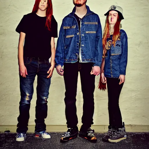 Image similar to Stoner rock girl, nü metal boy, band promo image, girl wearing double denim, boy wearing baggy jeans and baseball cap