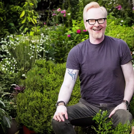 Image similar to professional photograph of Adam Savage smiling in a garden