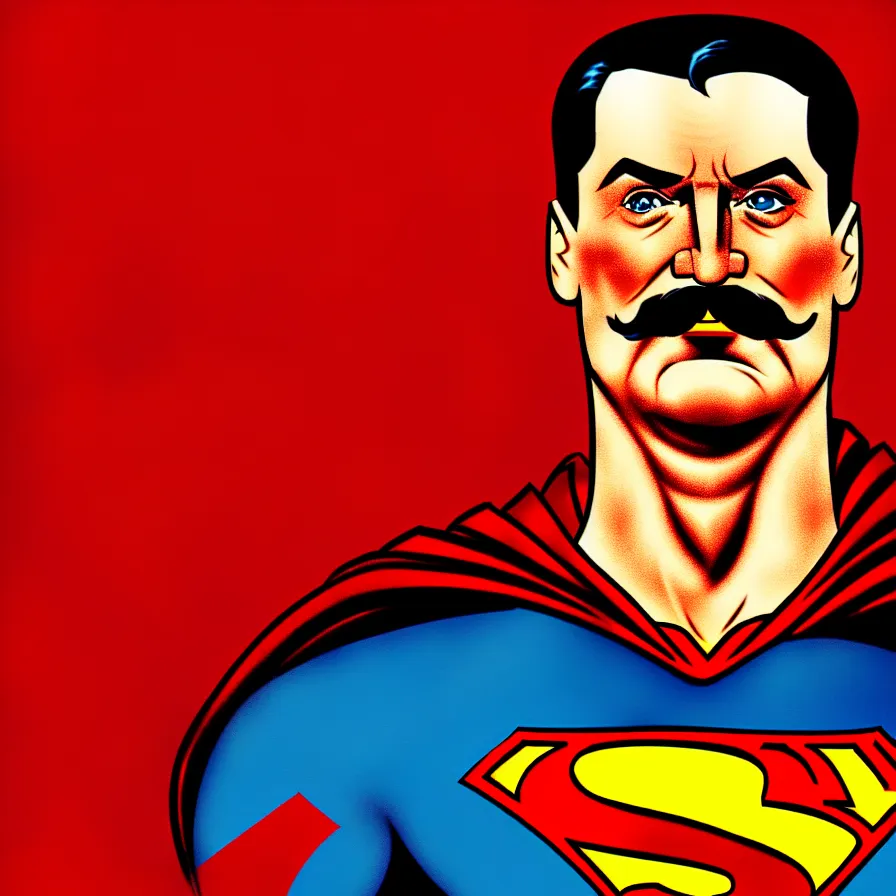 Image similar to epic comic book cover of stalin as superman floating over the red square ( moscow ), soviet propaganda poster, socialist realism, aesthetically pleasing, finely detailed facial features, photorealistic, intricate digital art, trending artstation, artgem, rich moody colors, fan art, concept art, in the style of the red son and invincible