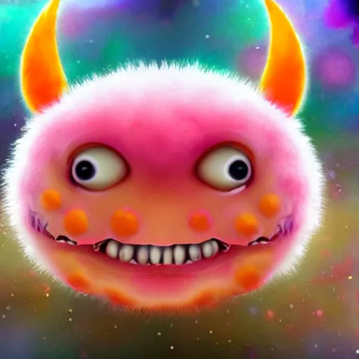 Prompt: an alien with a face that looks like a fuzzy peach the peach is fuzzy pink warm and ripe the alien has horns and a mean smile the alien has chicken feet cruel smile the alien has kind eyes, 4k, highly detailed, high quality, amazing, high particle effects, glowing, majestic, soft lighting, detailed background, happy tones, sharp background