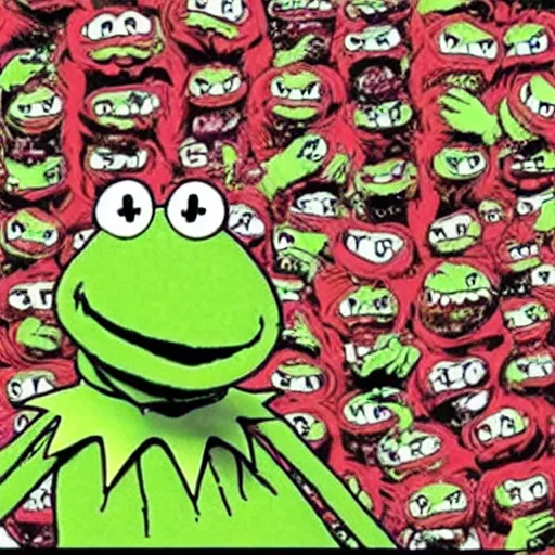 Image similar to Kermit the Frog from Sesame Street in a Junji Ito horror comic