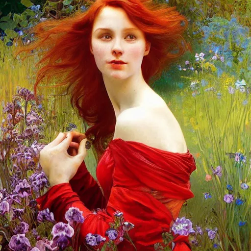 Prompt: a beautiful red haired woman in a garden, beautiful painting by irakli nadar and alphonse mucha