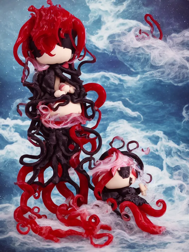 Image similar to cute fumo plush chibi gothic octopus prince boy washing his hair in the waves of the wavering dark galactic abyss, long black and red ruffled intricate uniform with ribbons, ocean wave thunderstorm and reflective splashing water, wisps of smoke and haze and volumetric fog, ocean simulation, vignette, vray