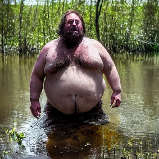 Prompt: hideous ugly hairy greasy glistening dirty horrible man with many folds of fat and bagwings, standing in a swamp, dramatic shadows, beautiful imagery, high quality, award - winning photograph