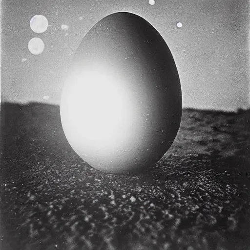 Image similar to an early 1 9 0 0 s photograph of an alien peeking out from a levitating luminescent alien egg on the beach, moonlight, at nighttime,