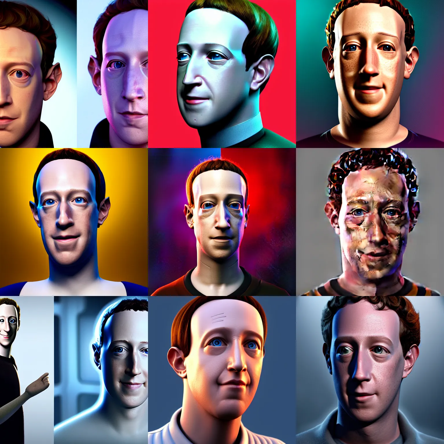 Prompt: a full character portrait of marc zuckerberg as data from tng, with same hairstyle, hyper detailed, digital art, trending in artstation, cinematic lighting, studio quality, smooth render, unreal engine 5 rendered, octane rendered